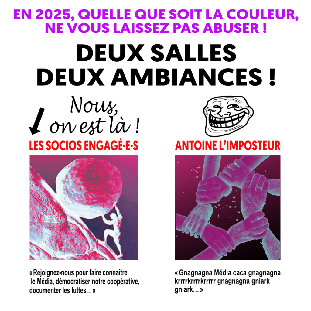 Deux salles deux ambiance : à gauche les Socios Engagé·e·s, à droite Antoine l'imposteur