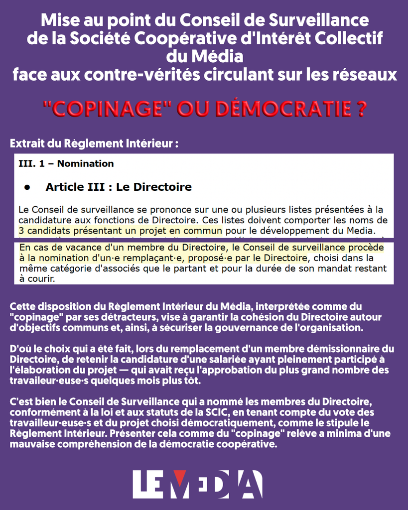 Mise au point du Conseil de Surveillance